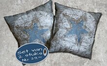 Stoere kussens kinderkamer ster blauw roest